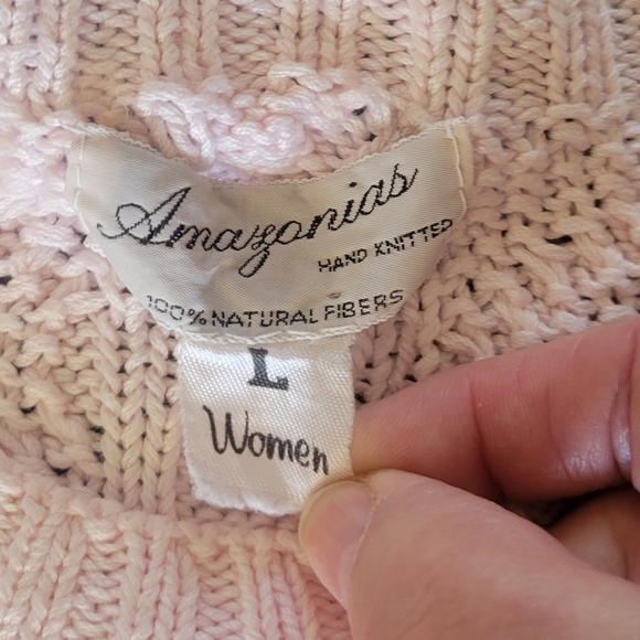 Women Large Pink Hand Cable Knit Sweater 100 Percent Natural Fibers AMAZONIAS - Picture 2 of 5